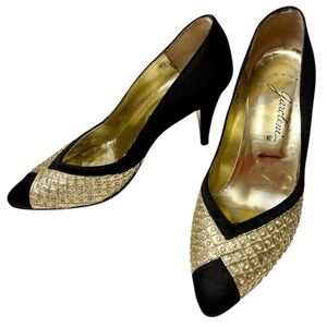 Vintage Garolini Italian Pumps Black Satin Heels Gold Accents Rhinestones Sz 7